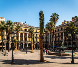 Plaça Reial Barcelona on a beautiful, sunny day